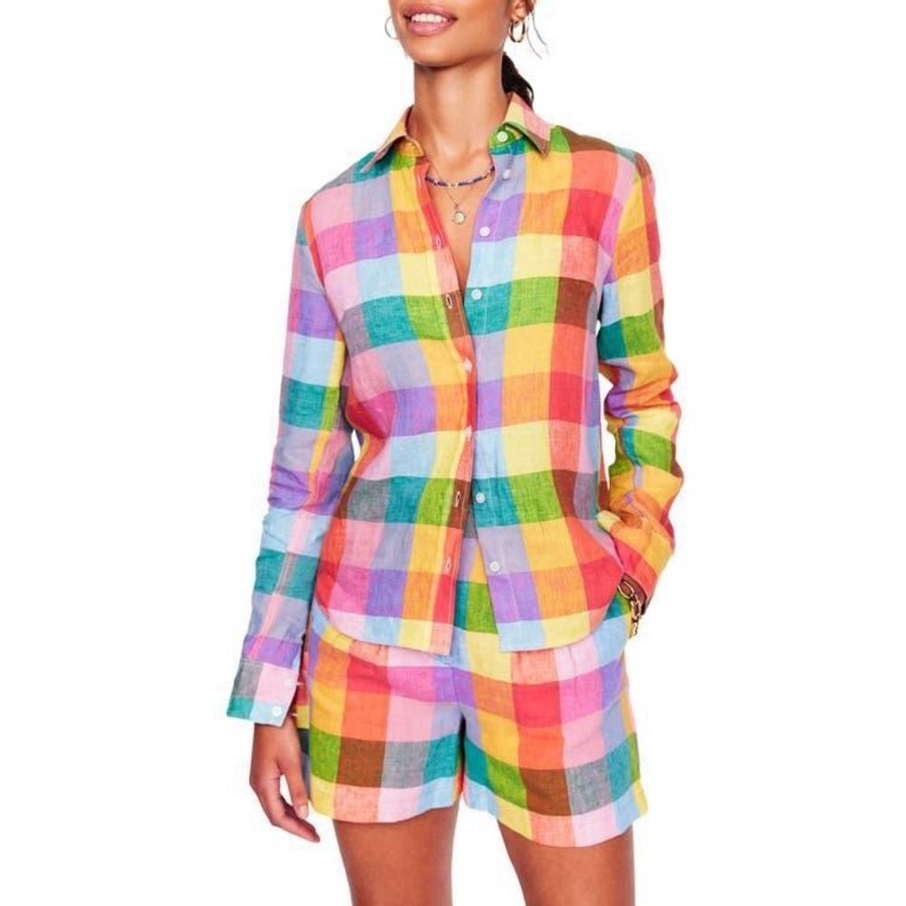 Boden Sienna Shirt Size 16 Rainbow Check Pure Linen Blouse Top Button Up Bright